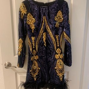 Dark Blue and Gold accent sequin “New Years” dress with Feather Trim.